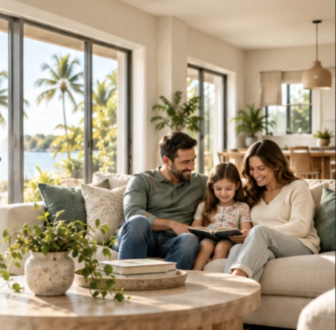 Illustrative family reading together in a sunlit living room