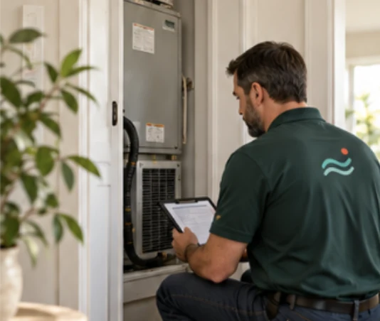Illustrative technician reviewing home HVAC equipment