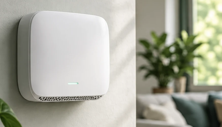 White wall-mounted air monitor beside a sunlit living room